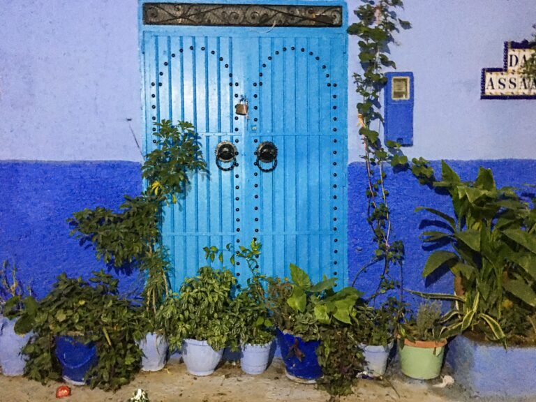 Blue door and plants in a Chefchaouen lane