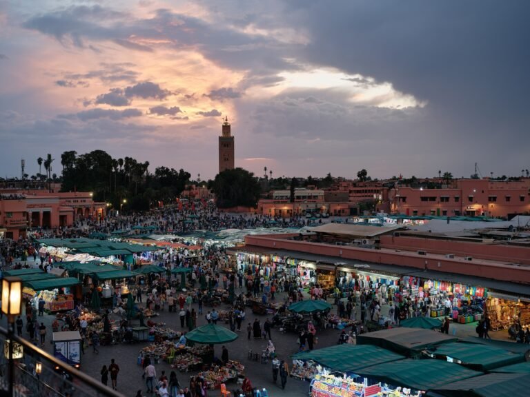 Jemaa el-Fnaa square at sunset in Marrakech