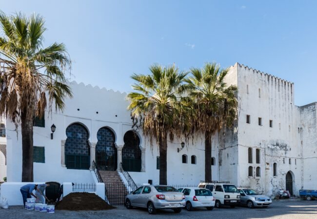 Palm trees and white walls in the Kasbah of Tangier